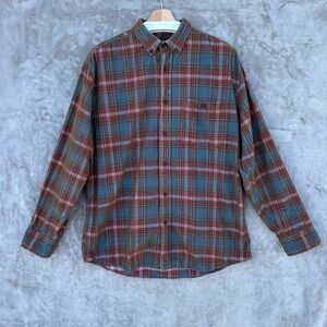 R-Options Men’s Plaid Corduroy Button-Down Shirt Rustic Red & Teal Layering Sz L